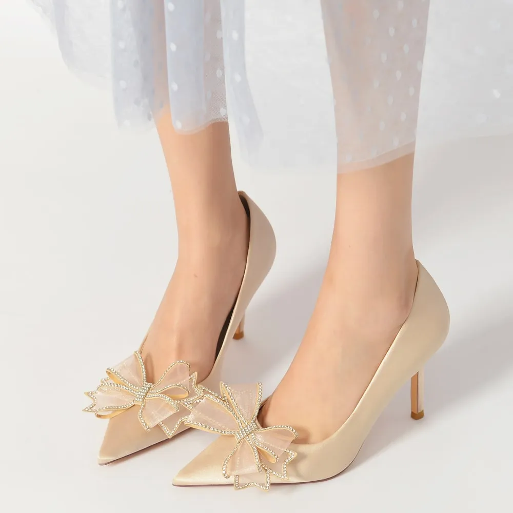 Women's Closed Pointed Toe High Heels with Bow Knot Satin Stiletto Pumps