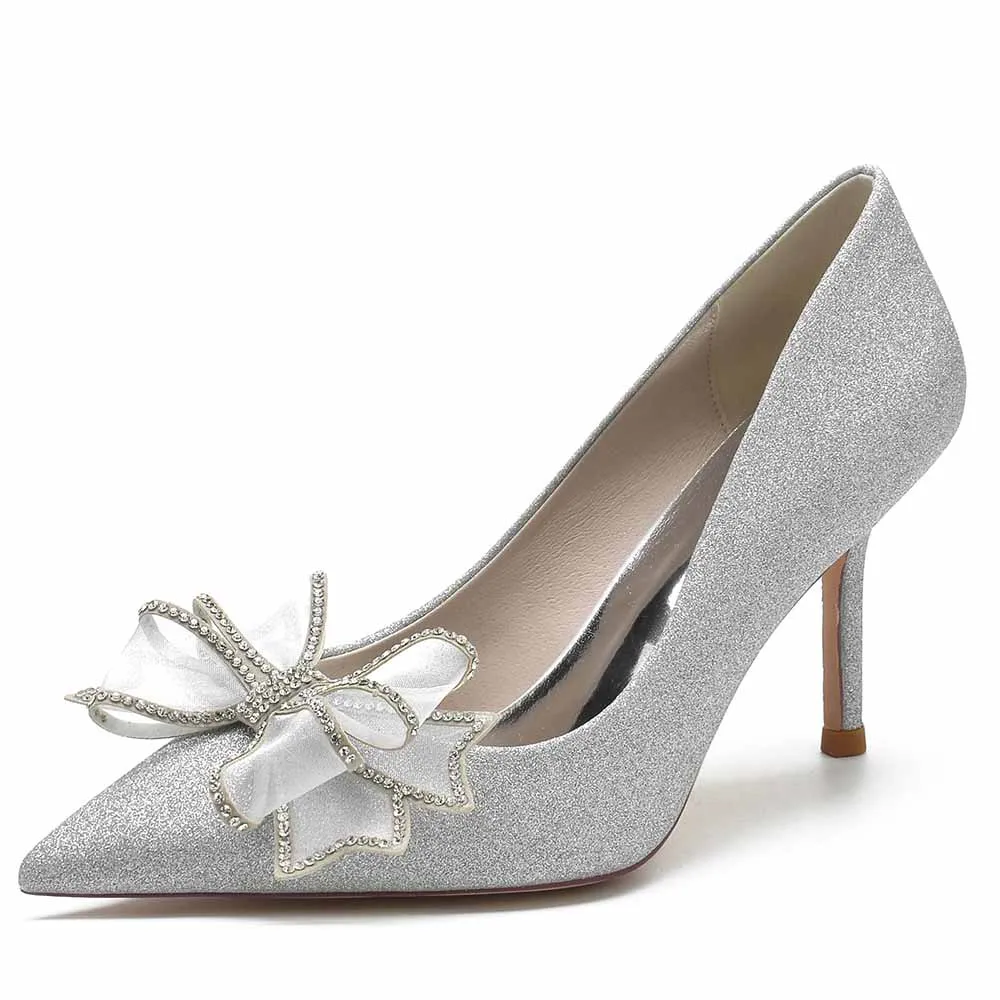 Women's Closed Pointed Toe High Heels with Bow Knot Sparkling Stiletto Pumps