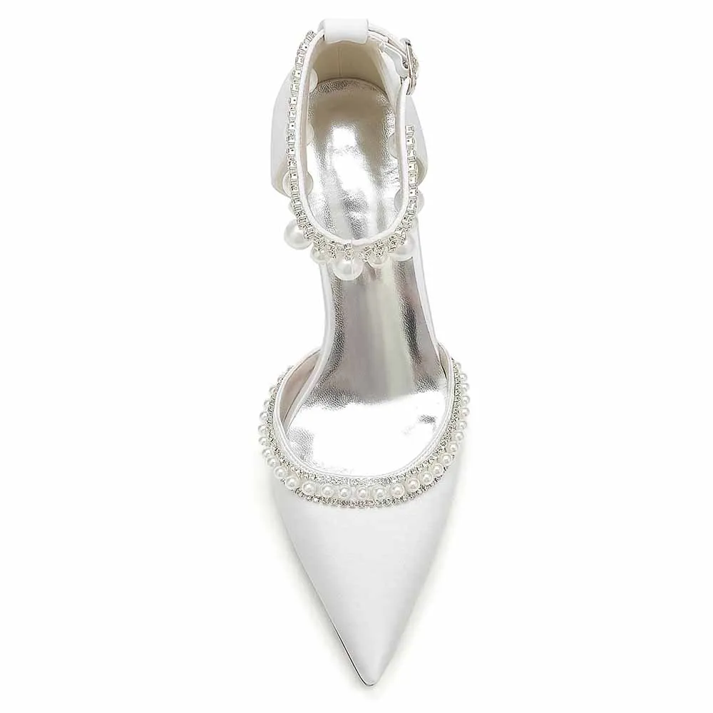 Women's Satin Closed Toe With Pearls Chunky Heel High Heels
