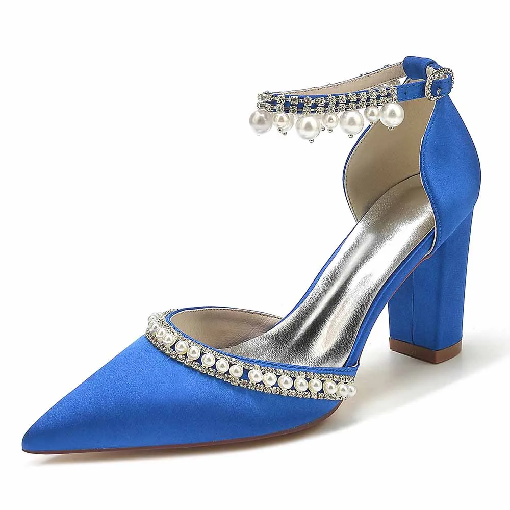 Women's Satin Closed Toe With Pearls Chunky Heel High Heels
