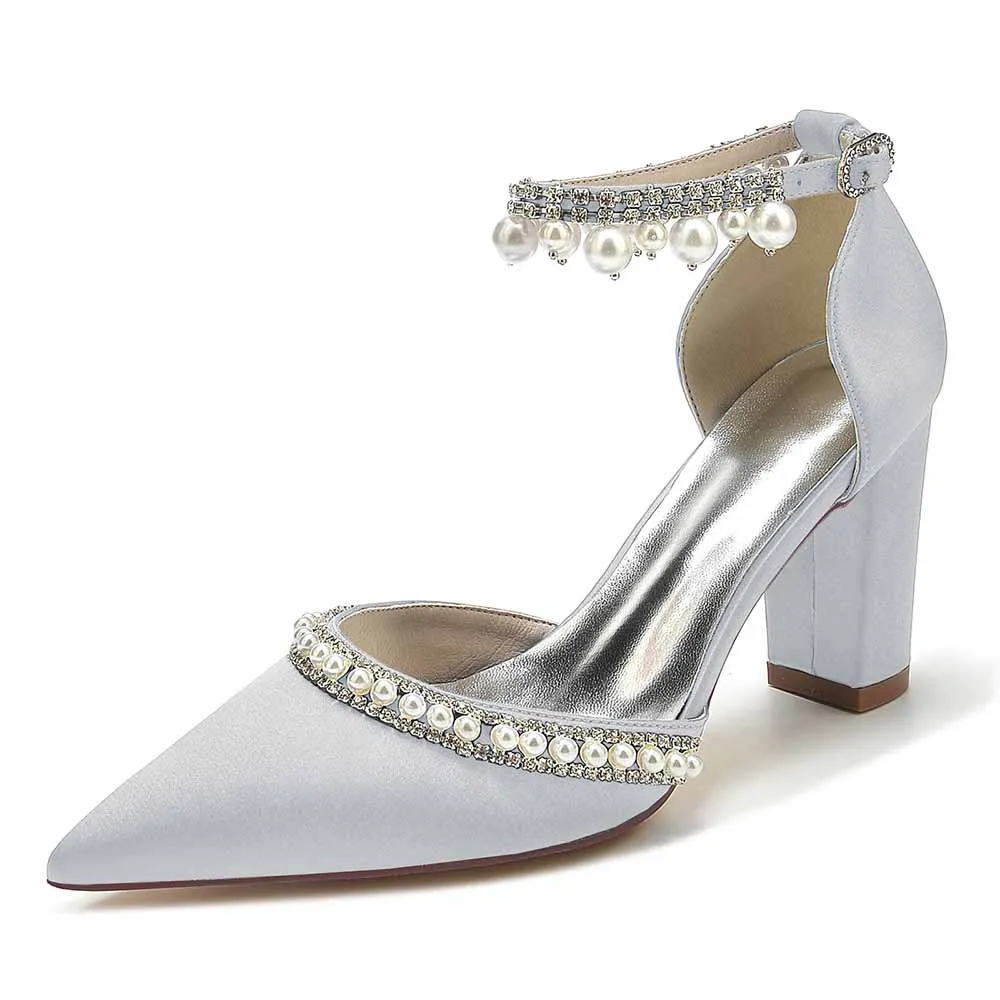 Women's Satin Closed Toe With Pearls Chunky Heel High Heels