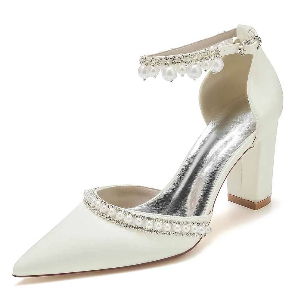 Women's Satin Closed Toe With Pearls Chunky Heel High Heels
