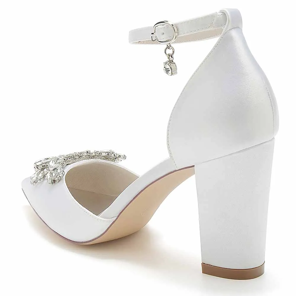 Women's Satin Closed Toe With Pearls Chunky Heel High Heels