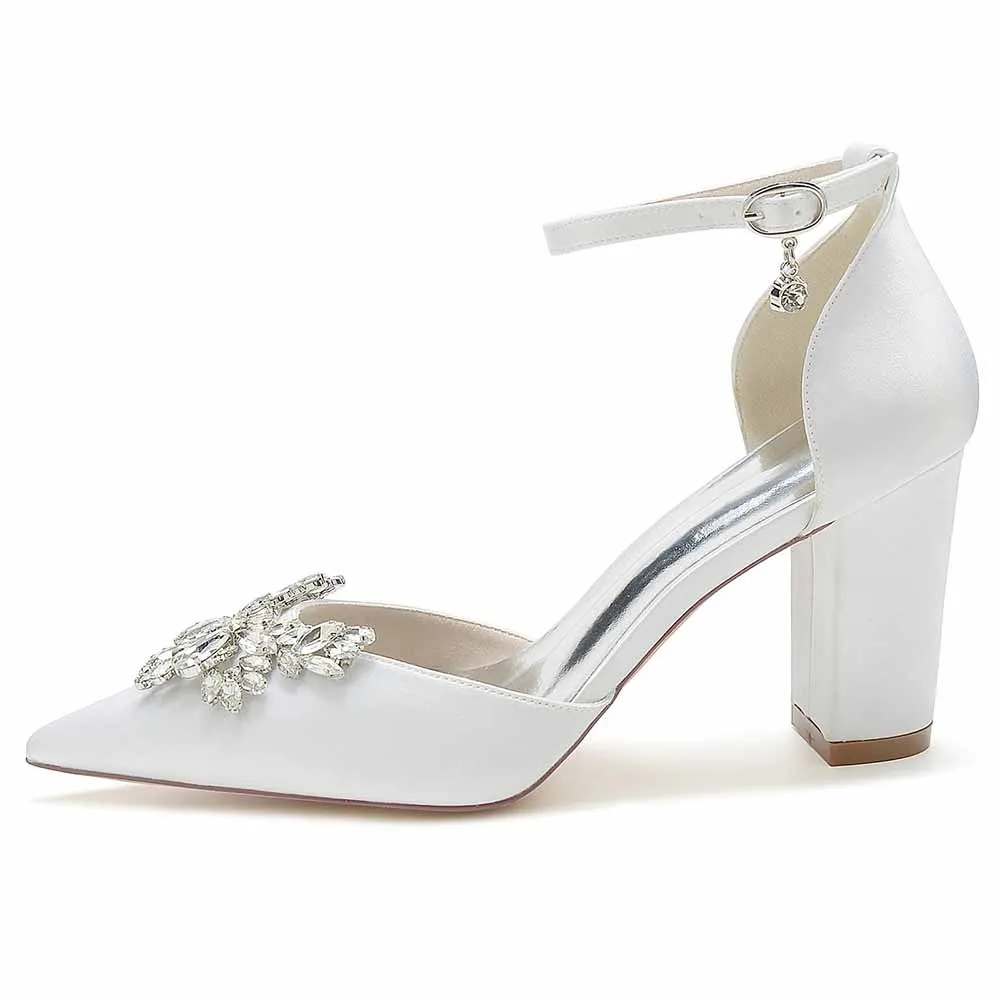 Women's Satin Closed Toe With Pearls Chunky Heel High Heels