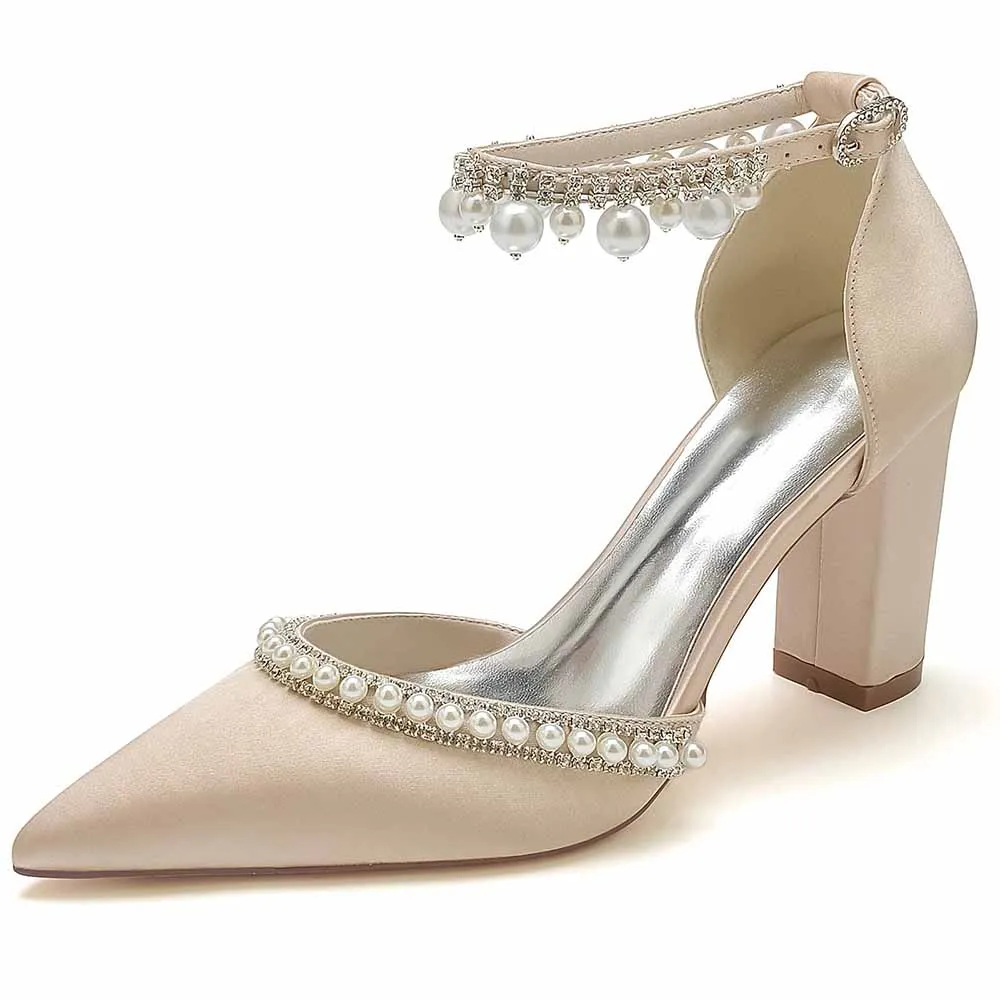 Women's Satin Closed Toe With Pearls Chunky Heel High Heels