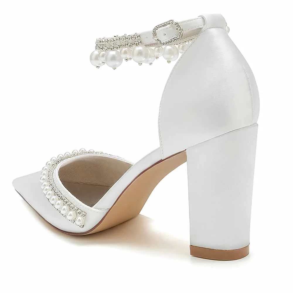 Women's Satin Closed Toe With Pearls Chunky Heel High Heels
