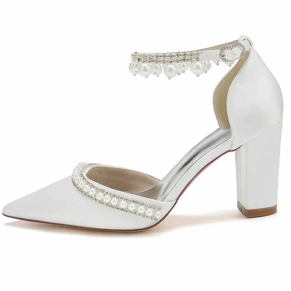 Women's Satin Closed Toe With Pearls Chunky Heel High Heels