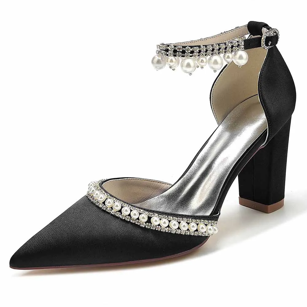 Women's Satin Closed Toe With Pearls Chunky Heel High Heels