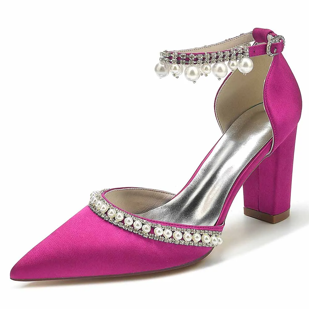 Women's Satin Closed Toe With Pearls Chunky Heel High Heels
