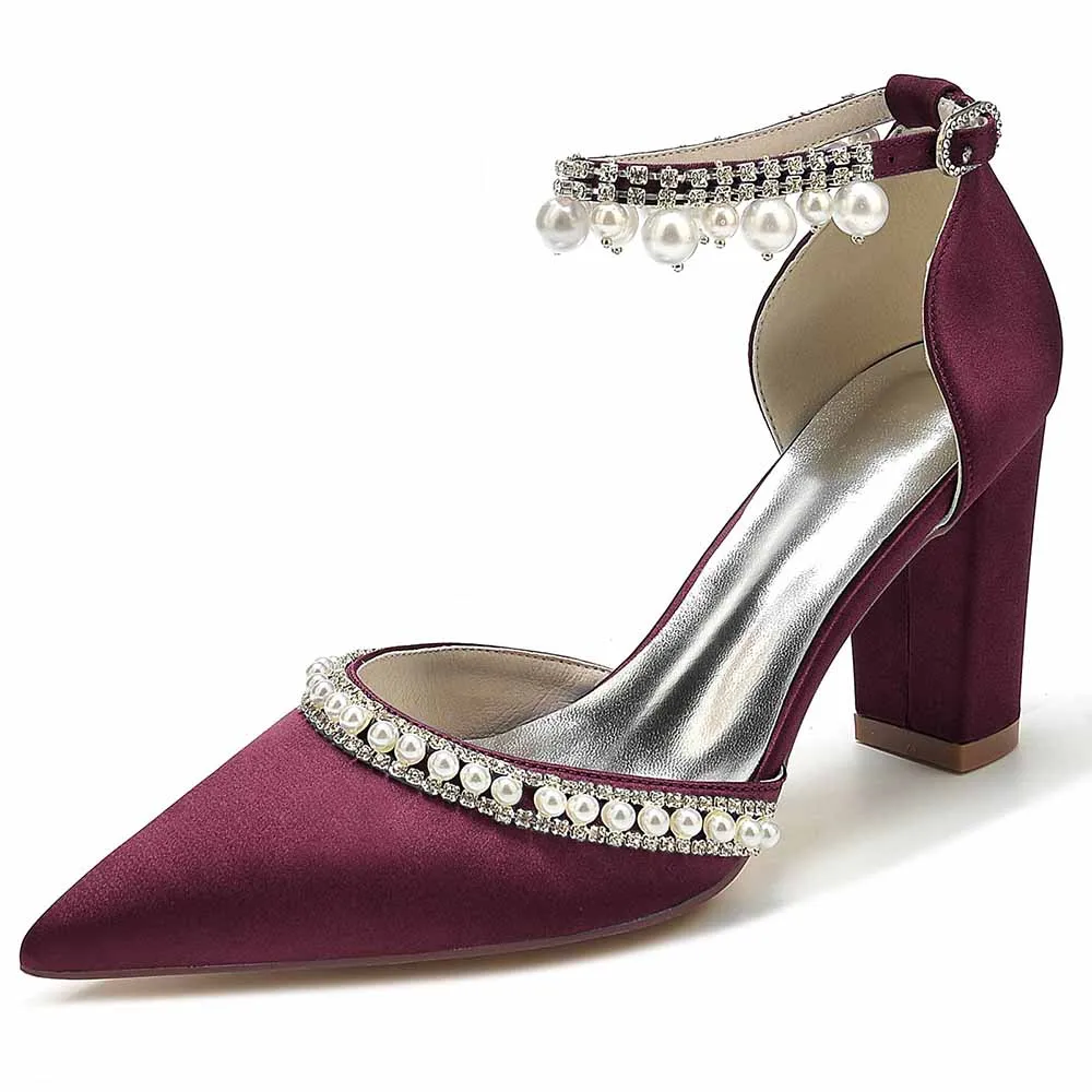 Women's Satin Closed Toe With Pearls Chunky Heel High Heels