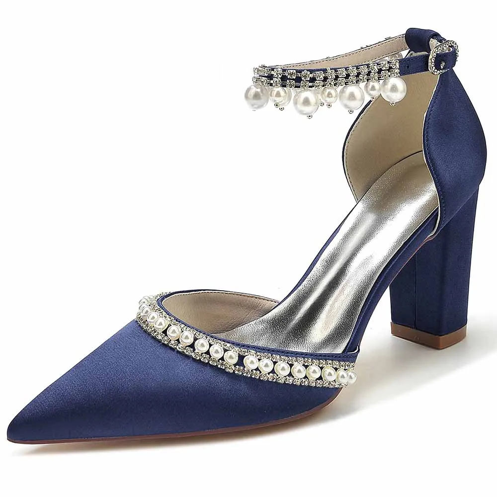 Women's Satin Closed Toe With Pearls Chunky Heel High Heels