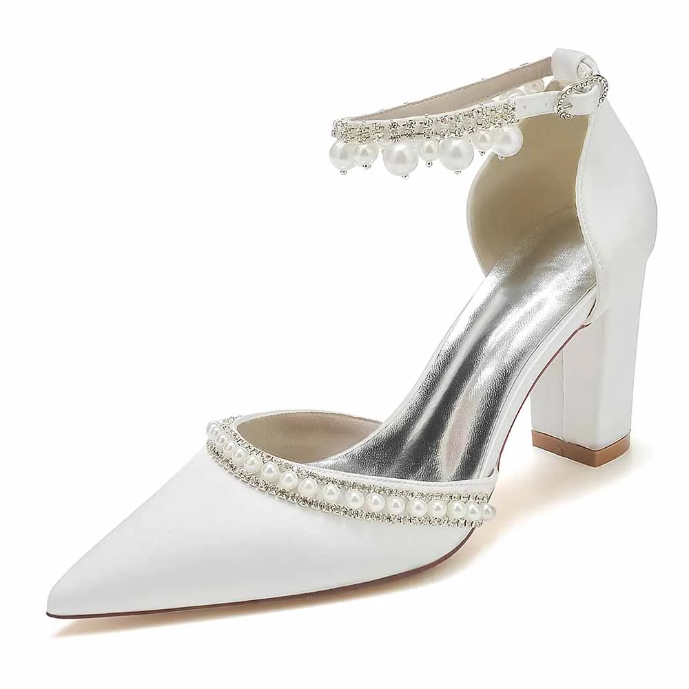 Women's Satin Closed Toe With Pearls Chunky Heel High Heels