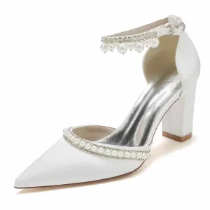 Women's Satin Closed Toe With Pearls Chunky Heel High Heels
