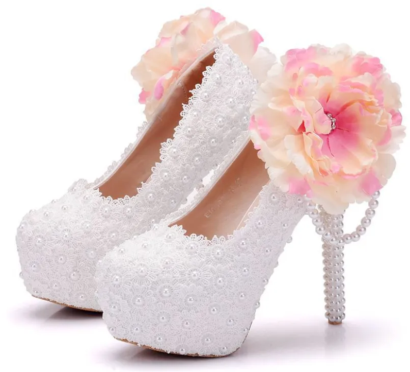 Women's Wedding Shoes Lace Shoes Beaded Flower Shoes High Heel Bridal Shoes,H36