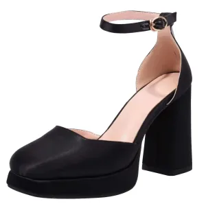 XIEDA Womens Black Platform Heels High Chunky Block Satin Heels Ankle Strap Closed Toe Pumps Shoes (6.5 Black)