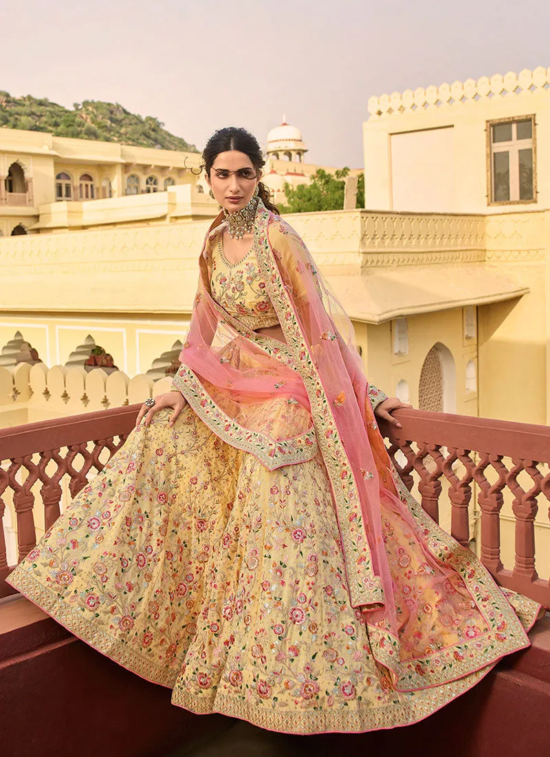 Yellow And Pink Multi Embroidered Designer Lehenga Choli