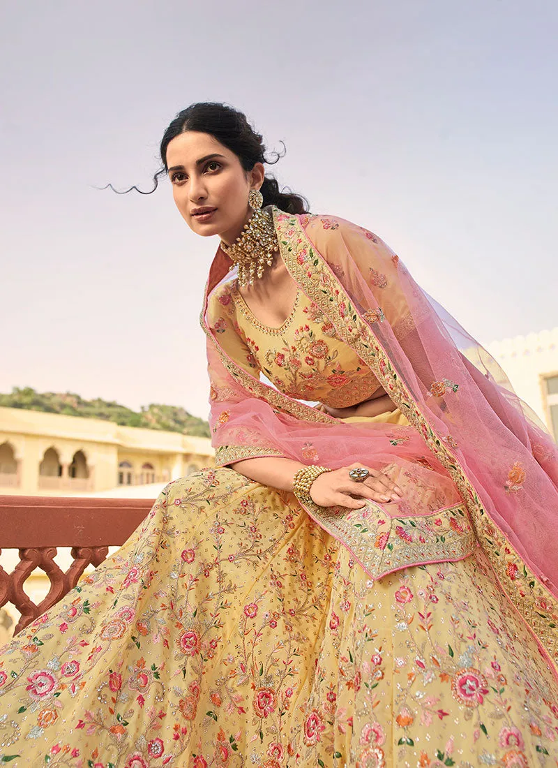 Yellow And Pink Multi Embroidered Designer Lehenga Choli