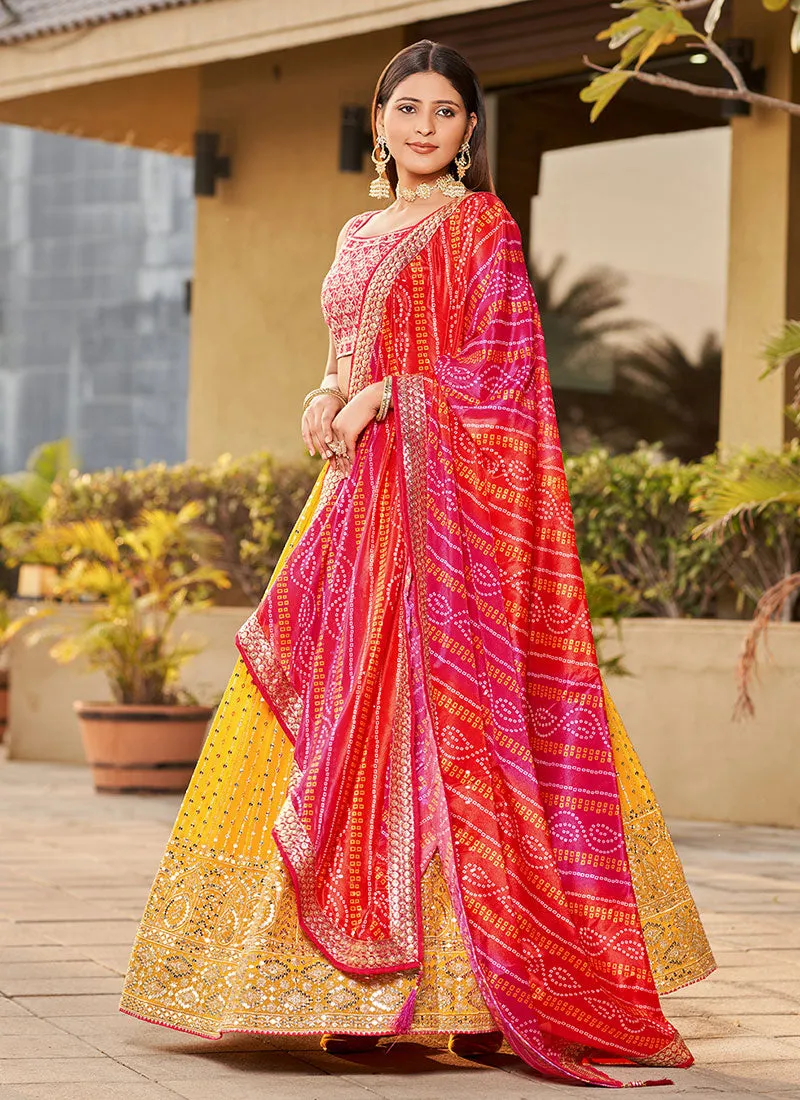 Yellow And Pink Sequence Embroidery Lehenga Choli And Dupatta
