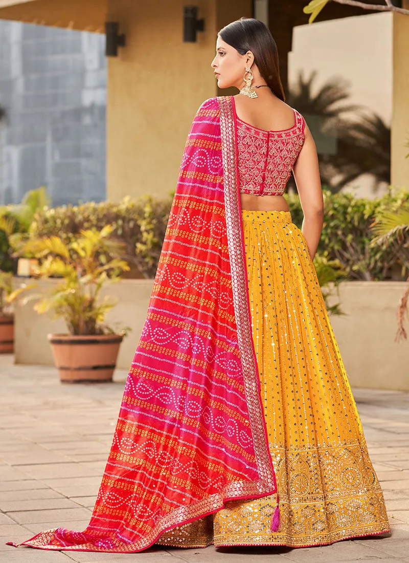 Yellow And Pink Sequence Embroidery Lehenga Choli And Dupatta