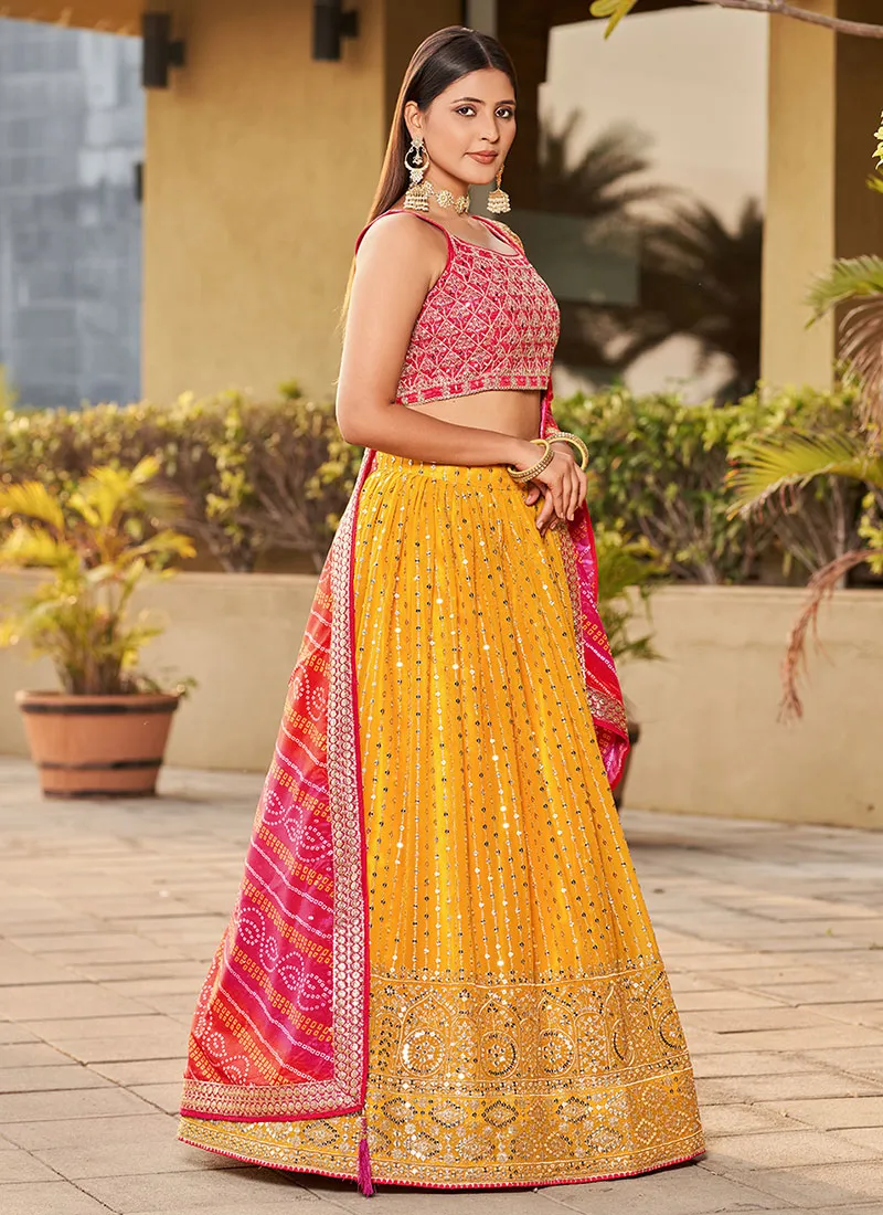 Yellow And Pink Sequence Embroidery Lehenga Choli And Dupatta