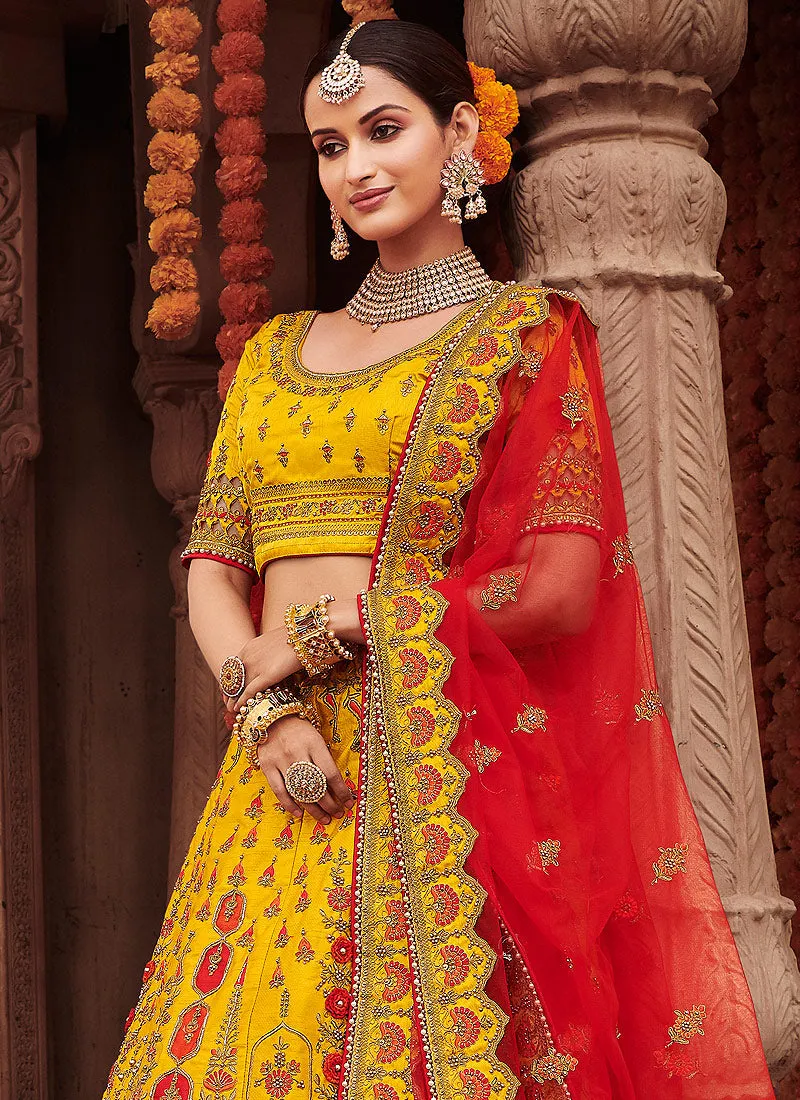 Yellow And Red Zari Embroidered Wedding Lehenga Choli