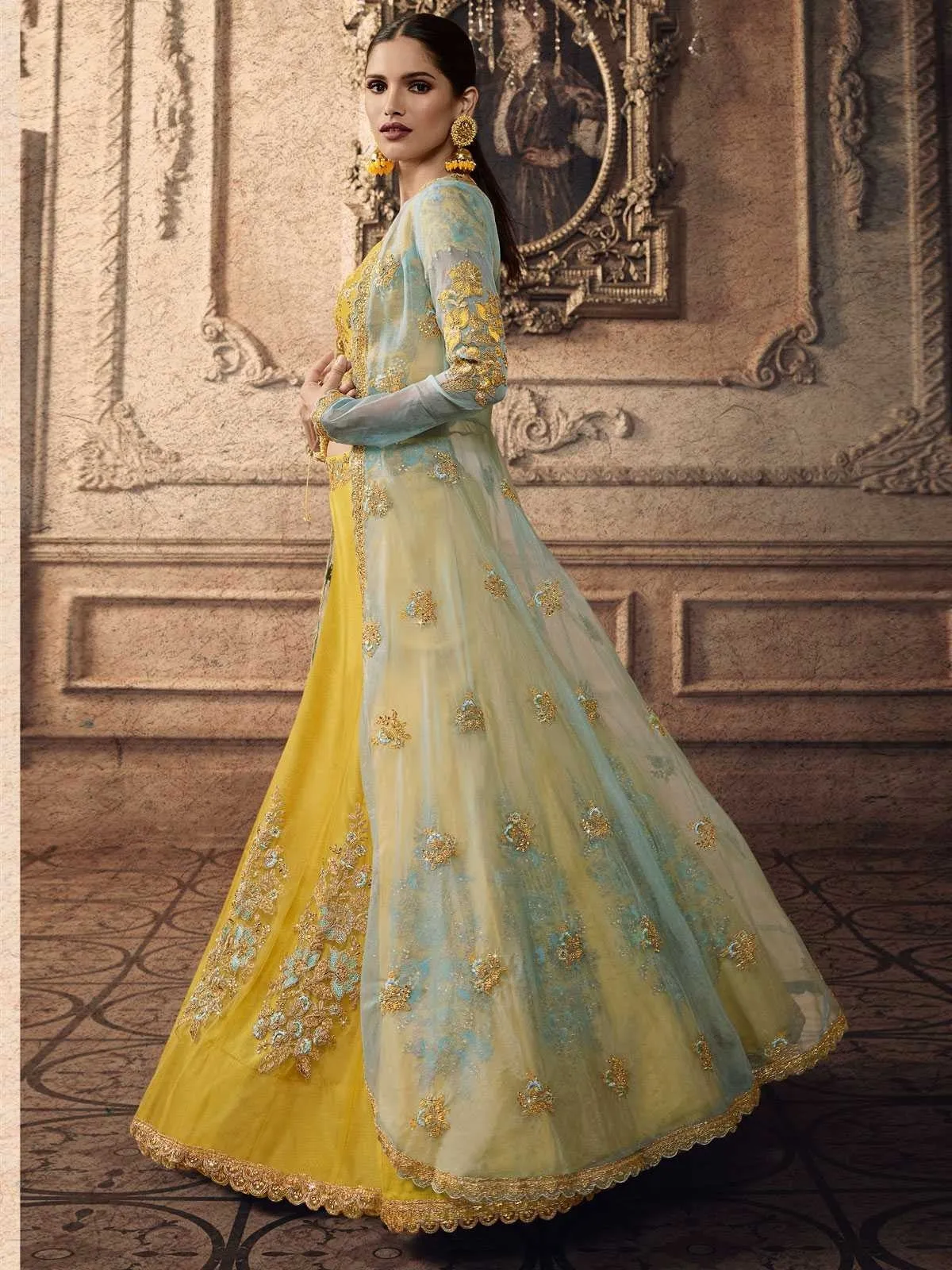 Yellow And Teal Motifs Wedding Lehenga Set