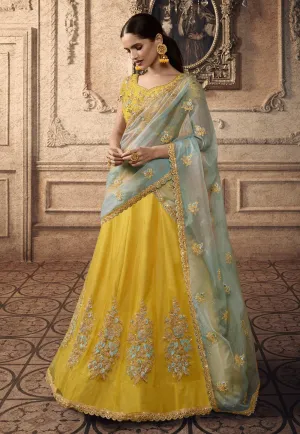 Yellow And Teal Motifs Wedding Lehenga Set
