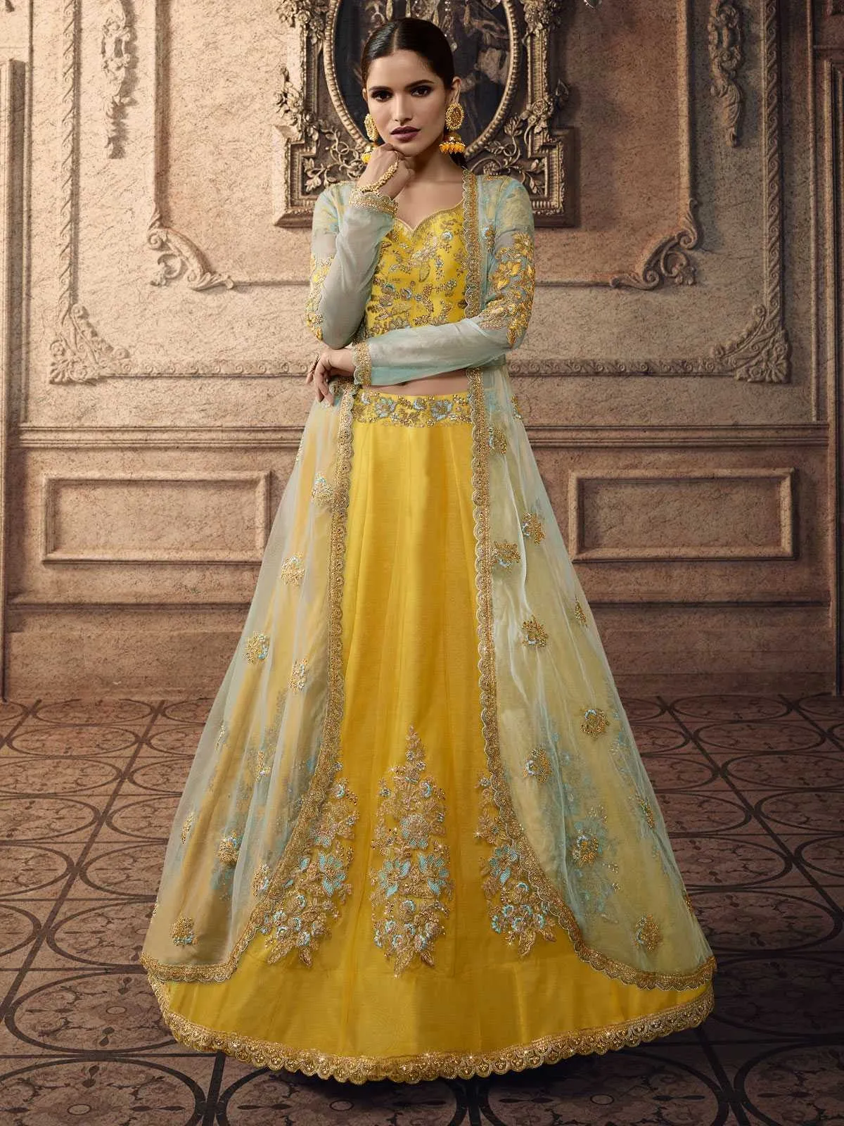 Yellow And Teal Motifs Wedding Lehenga Set