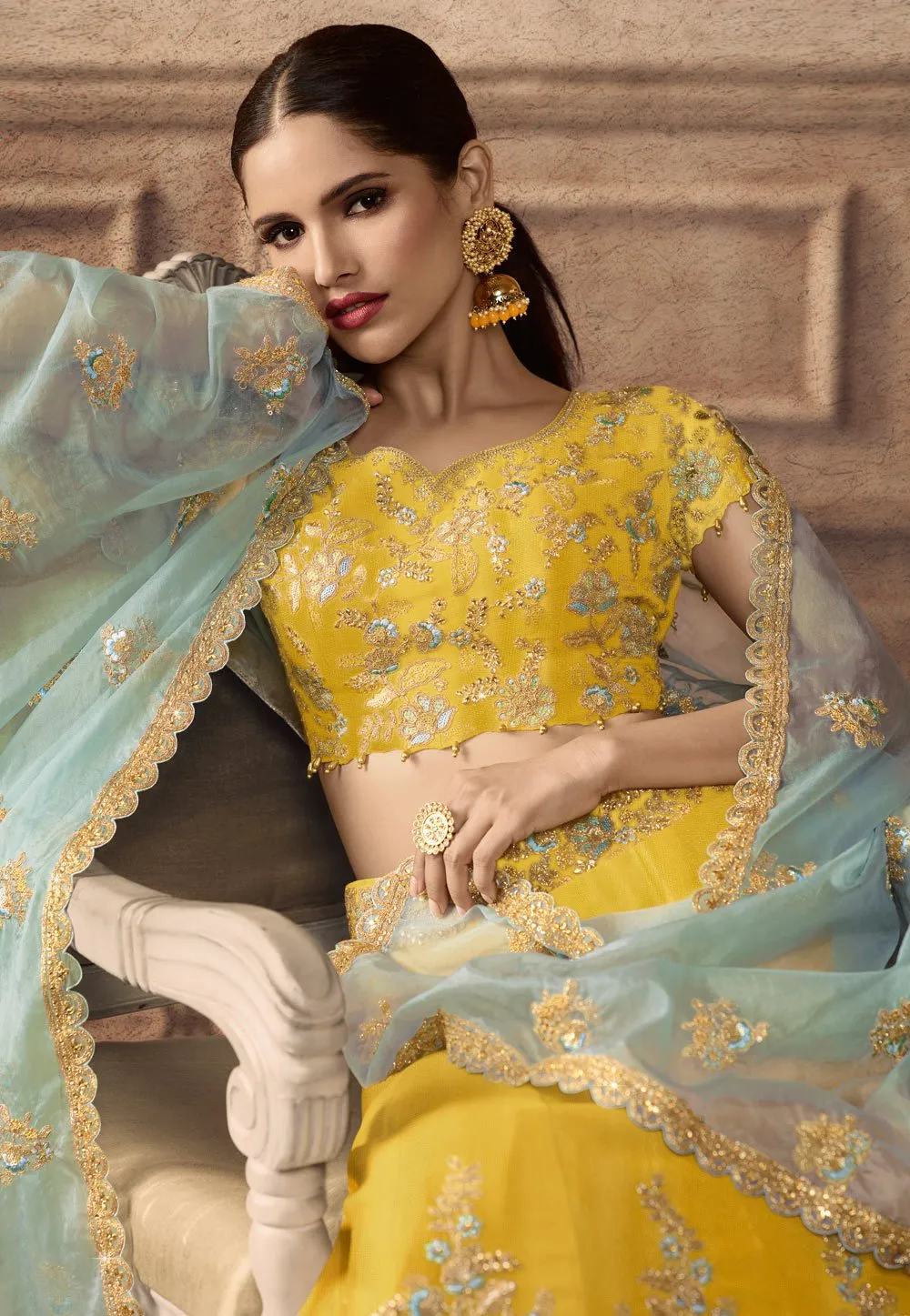 Yellow And Teal Motifs Wedding Lehenga Set