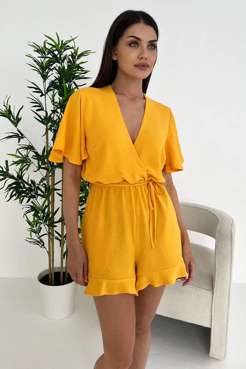 Yellow Butterfly Sleeve Wrap Top Tie Waist Playsuit