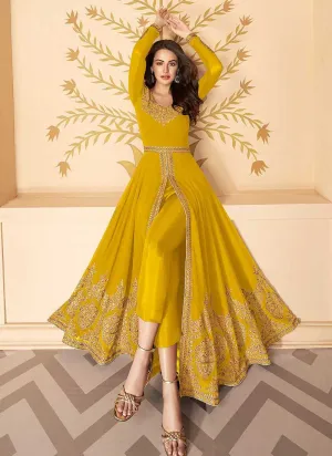 Yellow Heavy Embroidered High Slit Style Anarkali