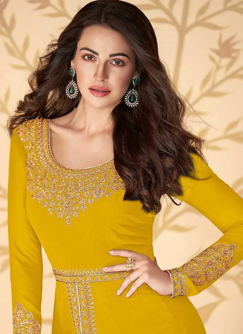 Yellow Heavy Embroidered High Slit Style Anarkali