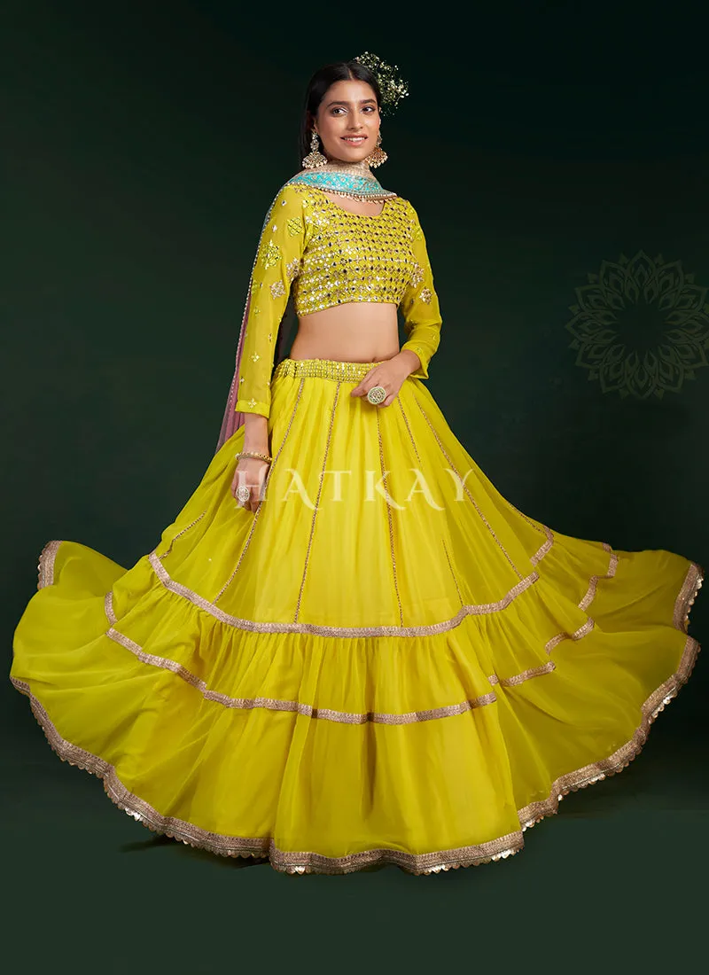 Yellow Mirror Work Embroidery Traditional Lehenga Choli