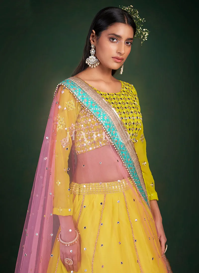 Yellow Mirror Work Embroidery Traditional Lehenga Choli