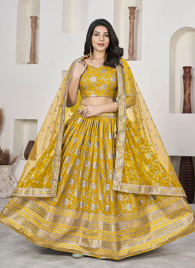 Yellow Sequence Embroidery Jacquard Lehenga Choli