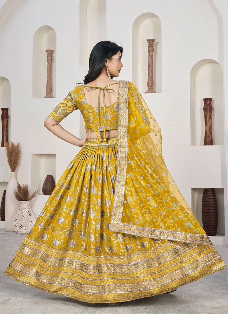 Yellow Sequence Embroidery Jacquard Lehenga Choli