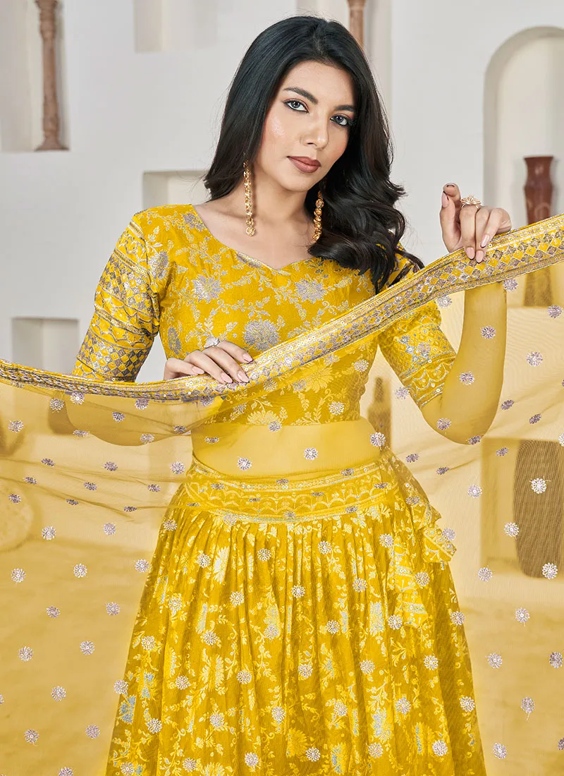 Yellow Sequence Embroidery Jacquard Lehenga Choli