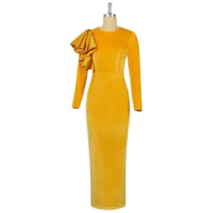 Yellow Velvet Draped Sleeve Bodycon Dress