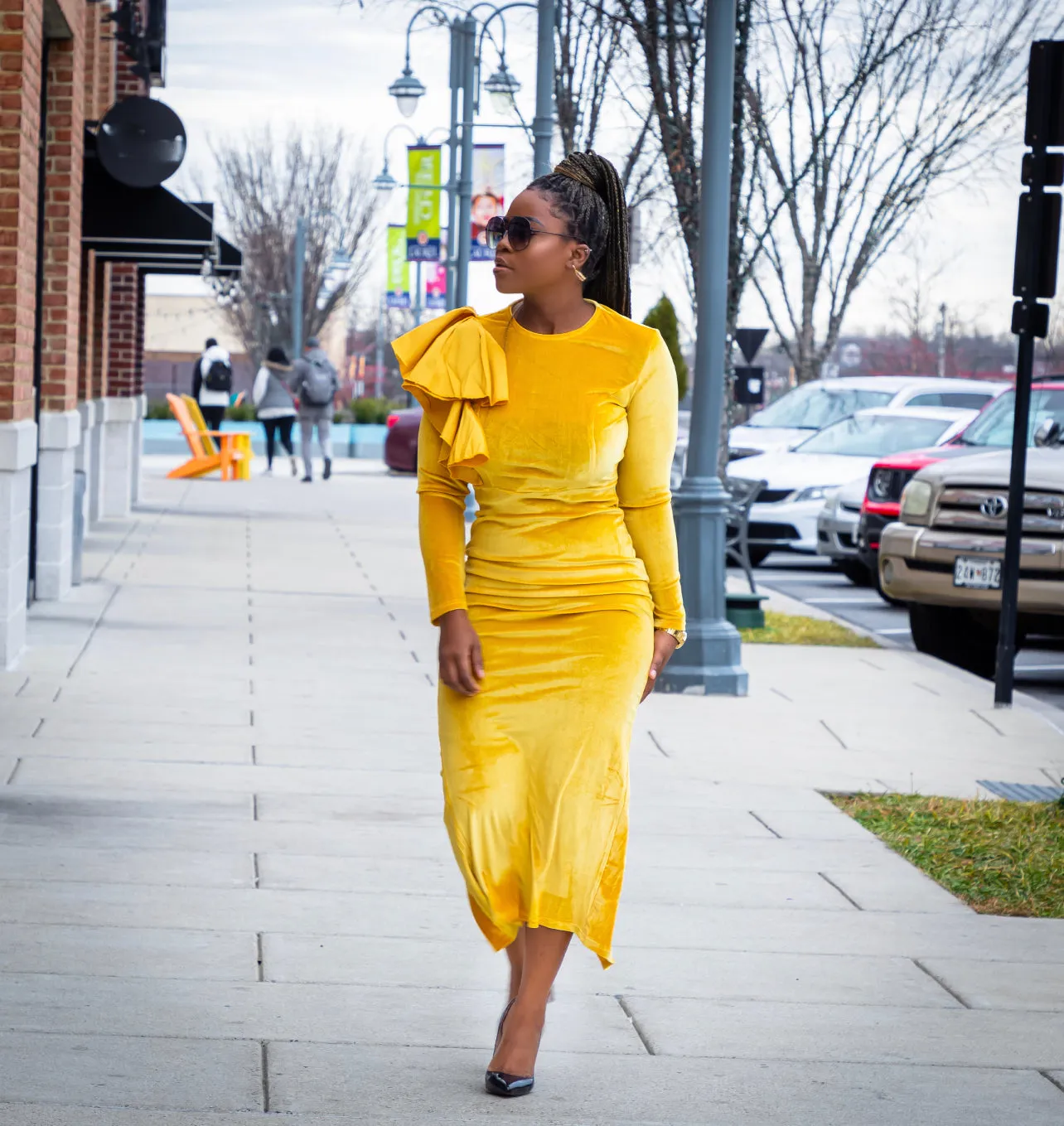 Yellow Velvet Draped Sleeve Bodycon Dress