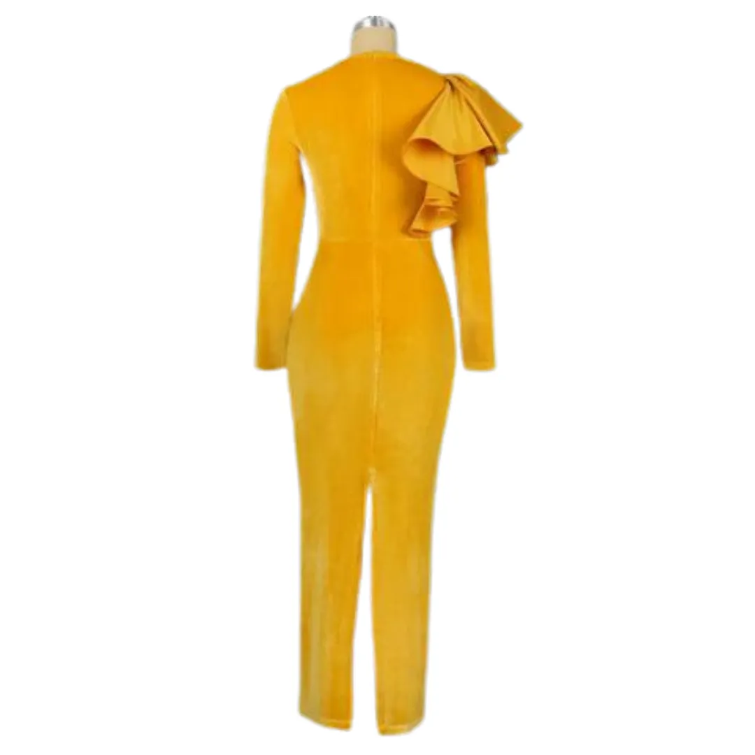 Yellow Velvet Draped Sleeve Bodycon Dress