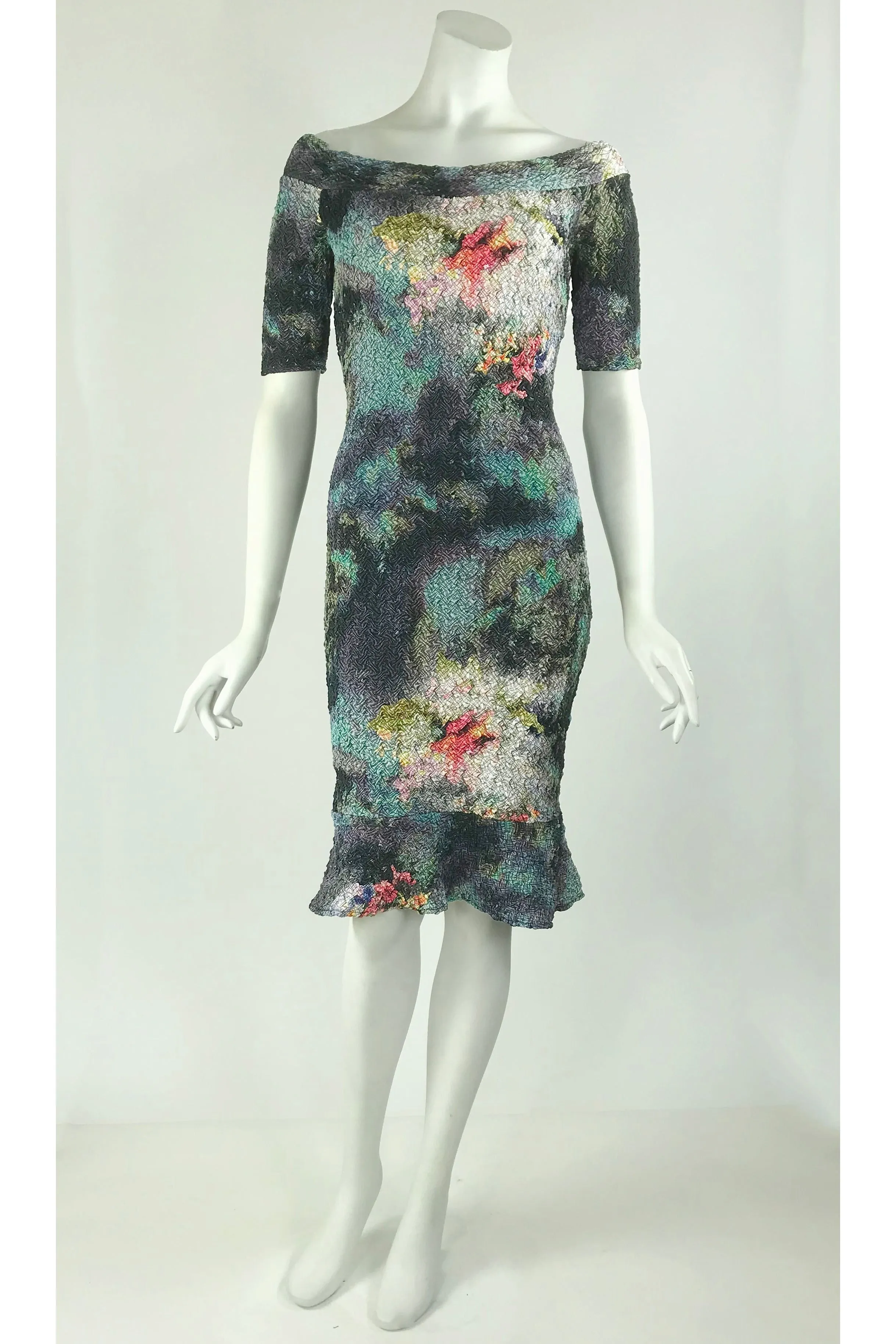 YULIA-C Off Shoulder Short Sleeve Fitted Puckered Print Dress