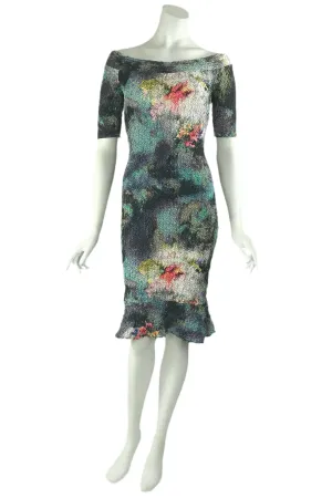 YULIA-C Off Shoulder Short Sleeve Fitted Puckered Print Dress